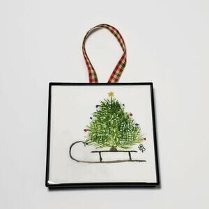 Adorable Small Watercolor Christmas Tree On Sled Painting Signed